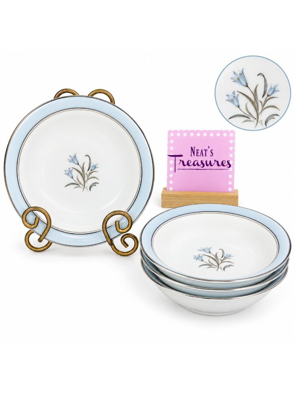 MCM Noritake BLUEBELL Blue Band & Flowers Gray Leave Japan Rim Soup Bowls Set 4